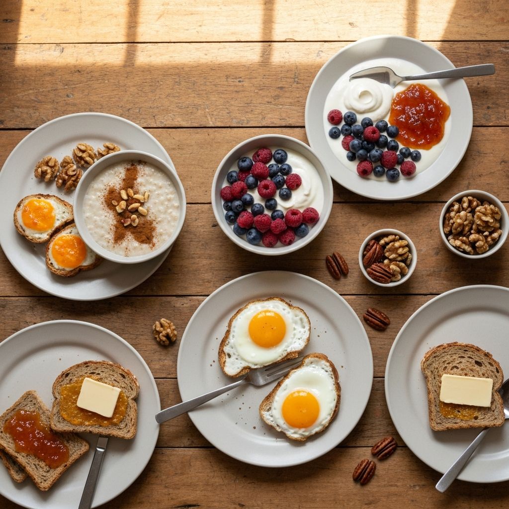 Overhead arrangement of diverse UK breakfast compositions in natural morning light