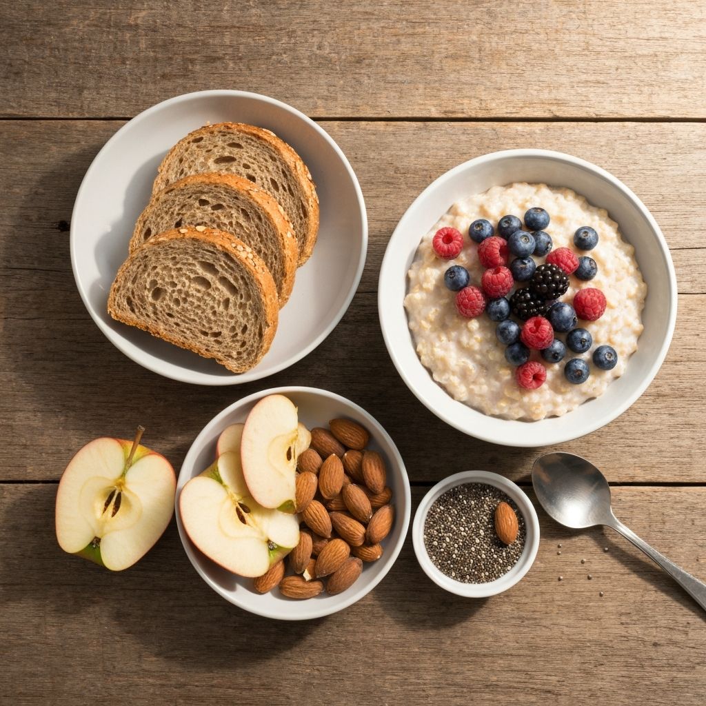 Overhead arrangement of fibre-rich breakfast options including bowl of oats with berries, wholegrain toast stacked, fresh fruit, and scattered seeds