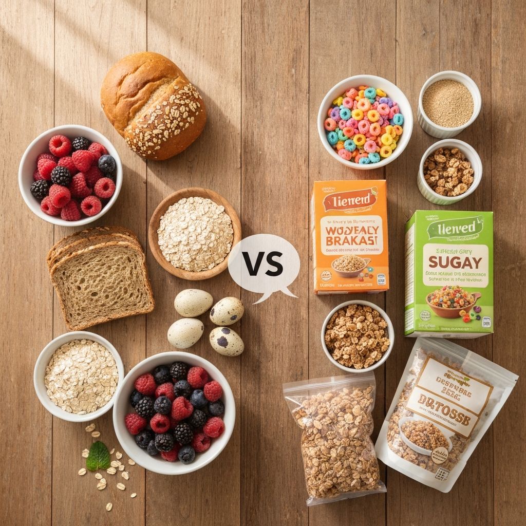Overhead comparison of whole-food breakfast items like eggs, oats, fresh berries alongside processed items like sweetened cereal and packaged granola