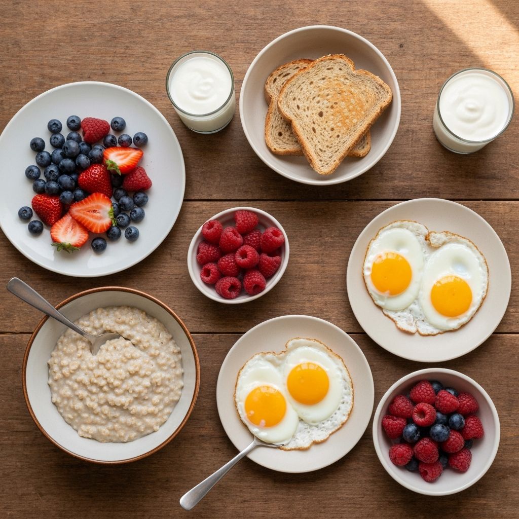Overhead view of typical UK breakfast portion sizes on plates and bowls showing standard servings
