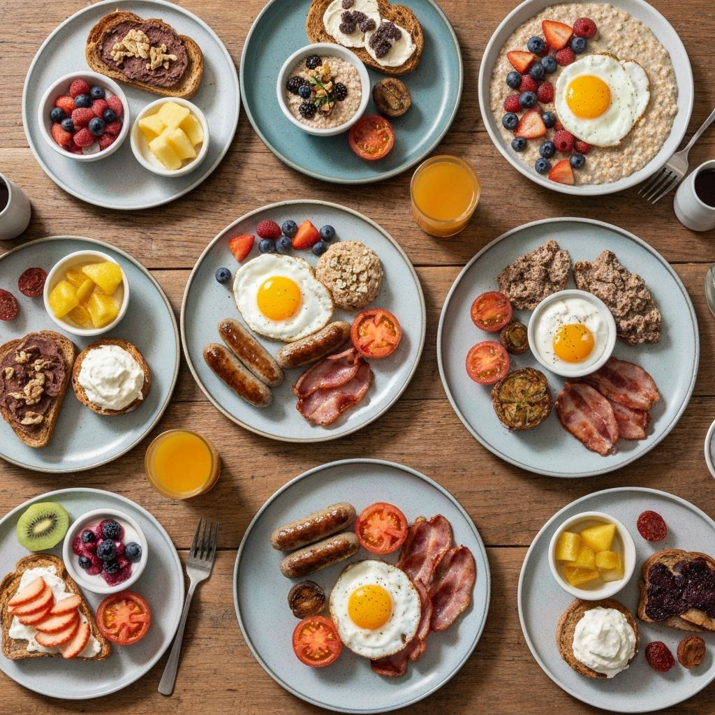 Overhead arrangement of various different UK breakfast preferences showing diversity of breakfast compositions