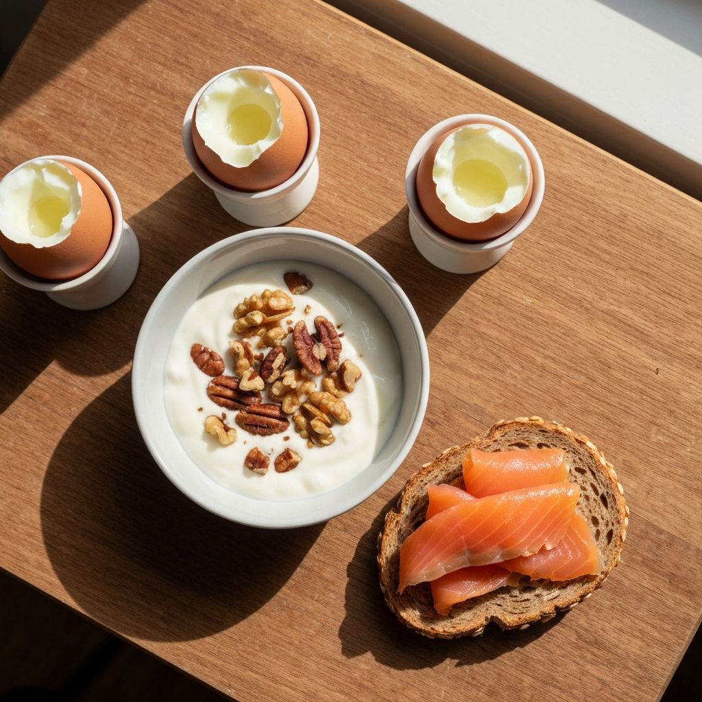 Overhead flat-lay of protein-rich breakfast foods including eggs, Greek yoghurt with nuts, and smoked salmon on wholegrain bread